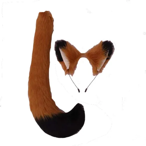 Vista 2 de Disfraz de gato o zorro para fiesta de disfraces o cosplay, color negro, con cola de 19.7 pulgadas y orejas a juego, también regalo para niños