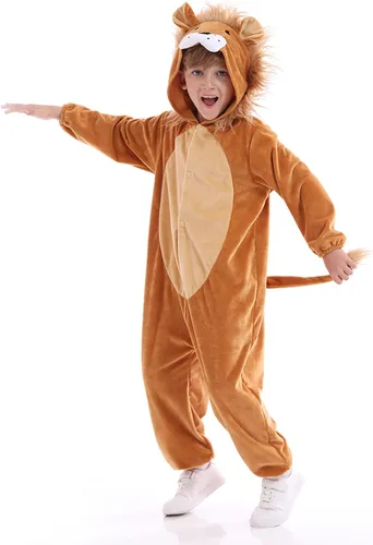Vista 3 de Disfraz unisex de animales para niños, pijama de animales con capucha de felpa, para Halloween, carnaval, animal, para niños y niñas