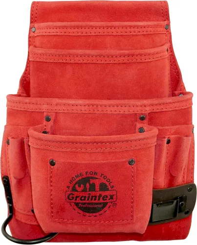 Vista 6 de Graintex Bolsa para clavos y herramientas de 10 bolsillos, bolsa de herramientas de cuero de gamuza, cinturón de herramientas para constructores