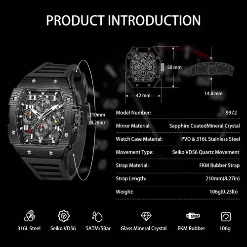 Vista 5 de WISHDOIT GT Chronograph Watch Mens Luxury Tonneau Watch Calendar Date Luminous Waterproof Replica Watch for Men FKM Rubber Strap Sport Dress Casual