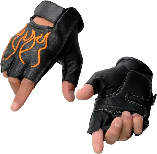 Vista 21 de Guantes Milwaukee Leather para hombre sin dedos para motocicleta Comodidad acolchada; alivio de vibración; bordado de llama