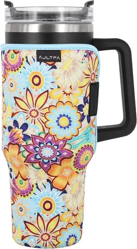 Vista 9 de Fundas aisladas de neopreno reutilizables, idea para vaso de 40 onzas con asa (solo mangas de taza) (China floral abstracta) Reusable Neoprene