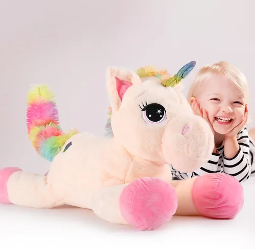 Vista 8 de Tezituor Juguetes de unicornio de peluche de 32 pulgadas, animales de unicornio gigante beige de peluche, encantadoras decoraciones de peluche