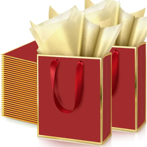 Vista 20 de Yeaqee Paquete de 100 bolsas metálicas de regalo con asa y papel de seda de papel de seda dorado para graduación, boda, padrinos de boda, regalos