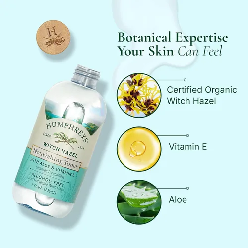 Vista 4 de Humphreys Nourish Witch Hazel + tóner sin alcohol de aloe, transparente, 8 onzas (paquete de 1) Hamamelis cosechado silvestre con aloe y vitamina