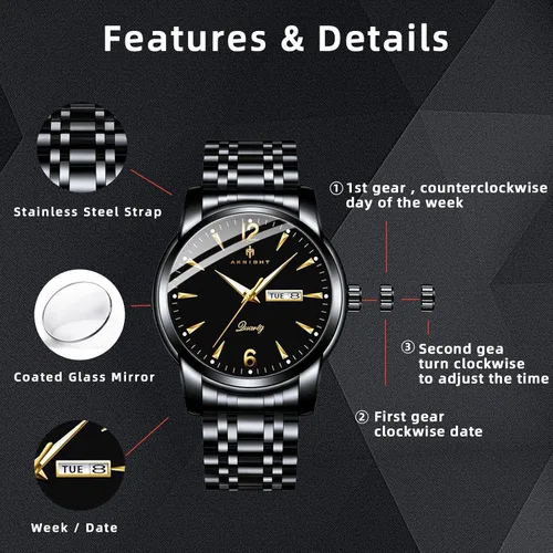 Vista 4 de AKNIGHT Men Watches, Stainless Steel Watches for Men Waterproof Business Chronograph Quartz Analog Cheap Men's Wrist Watch, Minimalist Dress Watch