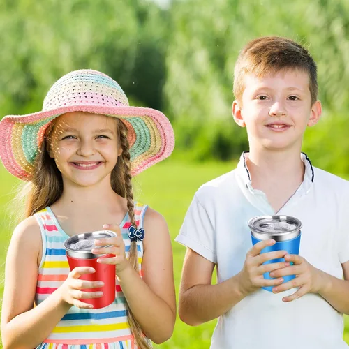Vista 6 de ShineMe Vasos de acero inoxidable para niños, paquete de 2 tazas para niños con tapas y bonitas mangas de personajes espaciales, vasos antiderrames