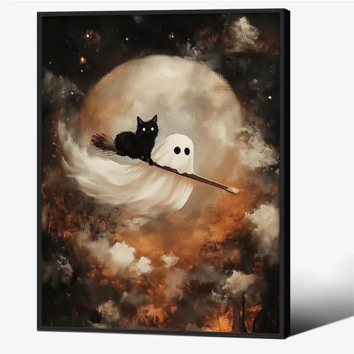 Vista 20 de Lienzo enmarcado negro para pared, póster de Halloween Dark Academia, pintura de gato negro, fantasma en la bañera, imágenes góticas de terror