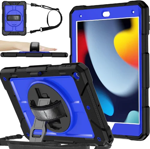 Vista 11 de BMOUO Funda para iPad de 9ª/8ª/7ª generación de 10.2", a prueba de golpes con soporte giratorio de 360°, correa de hombro y mano, funda para iPad
