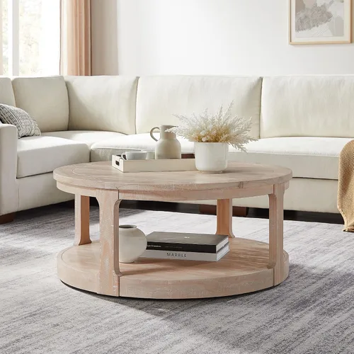 Vista 5 de Mesa de centro redonda de madera de 40 pulgadas, mesas circulares con ruedas para sala de estar, estilo rústico retro moderno de 2 niveles, mesas