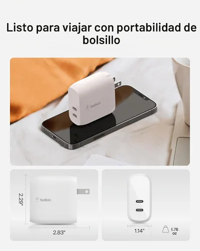Vista 4 de Belkin Bloque de cargador de pared USB C de doble puerto de 40 W, carga rápida USB C para iPhone de Apple, iPad, teléfono Samsung Galaxy y más