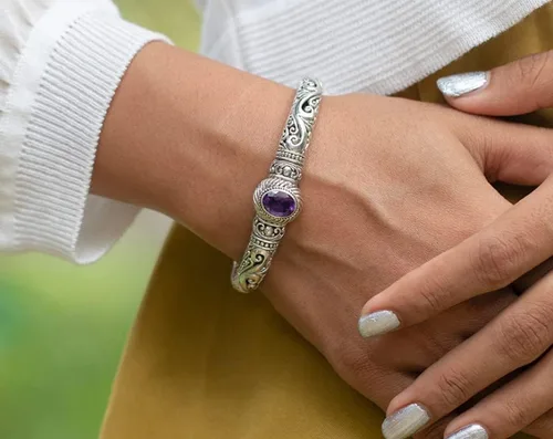 Vista 3 de Pulsera de plata de ley étnica de Bali con piedra de amatista B1, Plata de ley Plata, Amatista