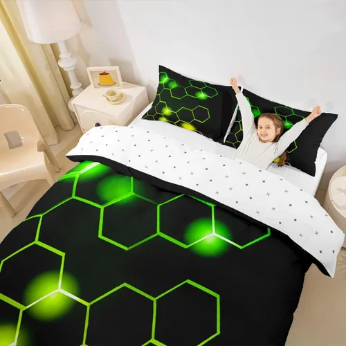 Vista 5 de Feelyou Juego de ropa de cama verde y negro tamaño individual para niños y adolescentes, juego de funda de edredón con temática hexagonal