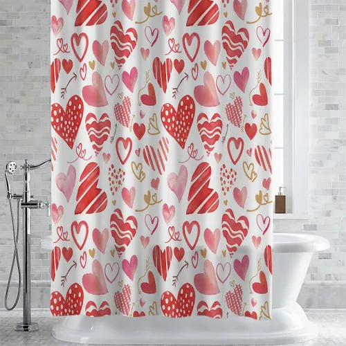Vista 2 de BestLives Cortina de ducha de San Valentín, diseño de corazón rosa y rojo, con diseño de flechas románticas, impermeable, tela de poliéster, con 10