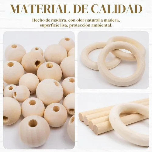 Vista 3 de El kit de macramé de 93 piezas incluye 4 palos de madera de macramé, 34 anillos de madera, círculos de 55 cuentas de madera sin terminar, anillos
