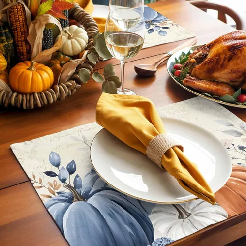 Vista 5 de Juego de 4 manteles individuales de otoño con diseño de calabaza azul, hojas florales, manteles individuales de otoño, lavables, cosecha, Acción