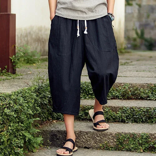 Vista 2 de Pantalones de harén de algodón y lino para hombre, estilo casual, holgados, para la playa, pantalones cortos largos por debajo de la rodilla