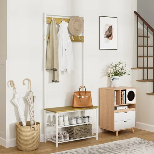 Vista 2 de Árbol de pasillo con banco y almacenamiento para zapatos, perchero para zapatos de 3 en 1, perchero de pie de madera independiente con marco