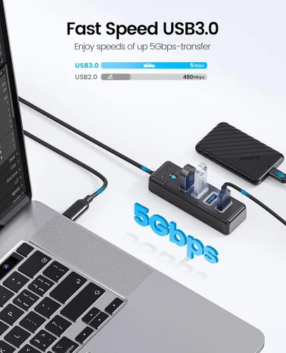 Vista 4 de 4 puertos USB 3.0 Hub ORICO Ultra Slim Data USB Splitter con cable extendido de 3.28 pies, para laptop, PC, MacBook, Mac Pro, Mac mini, iMac, XPS