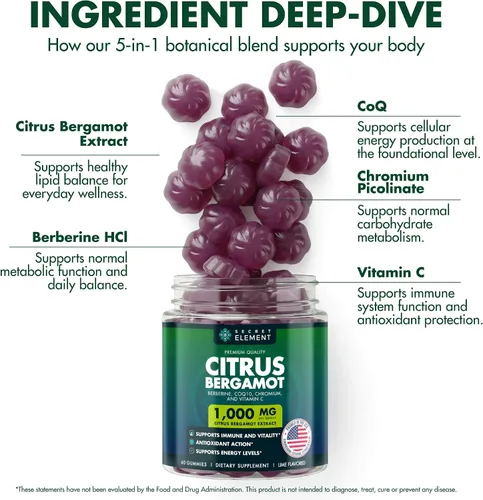 Vista 2 de Gomitas de bergamota cítrica de 1000 mg para mujeres y hombres, extracto de bergamota cítrica con berberina, CoQ10, cromo y vitamina C, apoyo