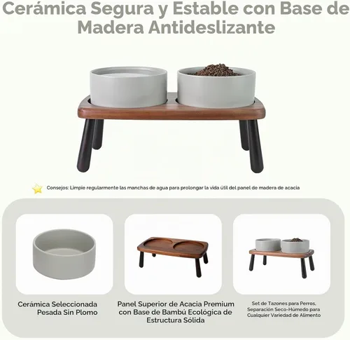 Vista 5 de SPUNKYJUNKY Cuencos elevados de cerámica para perros con soporte de bambú de acacia, juego de cuencos de agua y comida para perros y gatos de 6.1