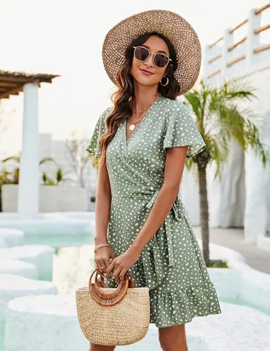 Vista 5 de Naggoo Vestido de verano con diseño envolvente, cuello en V, estampado de lunares o floral, con volantes, manga corta, con cinturón, mini, para mujer