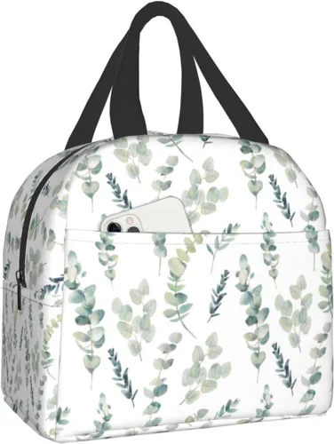 Vista 10 de Giwawa Bolsa de almuerzo aislada con hojas coloridas de acuarela, color gris, amarillo, con flores silvestres, reutilizable, térmica, impermeable