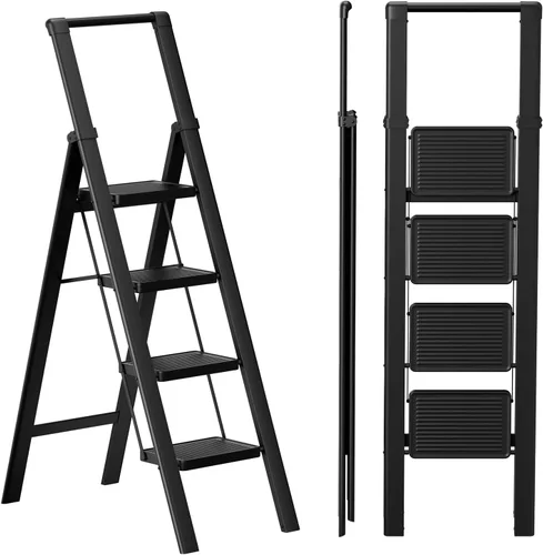 Vista 13 de SOLADDER Escalera plegable de 3 escalones, taburete pequeño para adultos, escalera de hierro antideslizante portátil con pedales anchos para uso