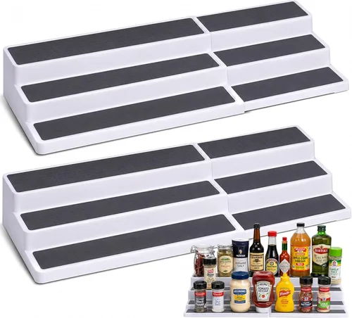 Vista 8 de Oizeir Estante organizador de especias expandible – 3 niveles – Estante transparente ajustable para organización de especias para armario de cocina