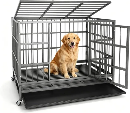 Vista 10 de Confote Jaula de metal resistente de 37 pulgadas, jaula para mascotas de alta ansiedad con ruedas bloqueables y puertas dobles para perros pequeños