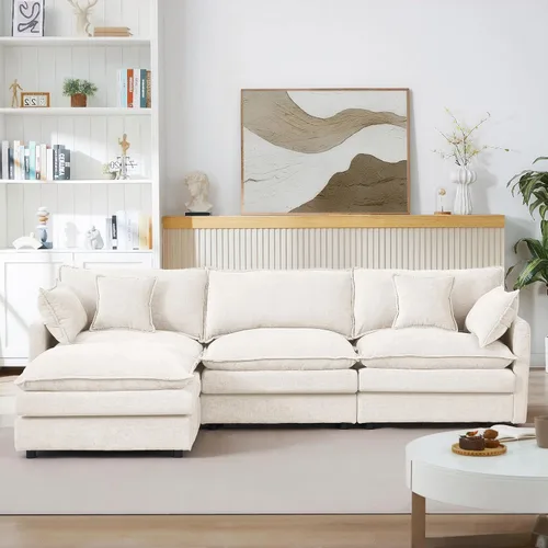 Vista 3 de Sofá modular beige en forma de L, moderno sofá convertible en forma de L de 3 plazas de chenilla suave, cómodo tapizado con juego otomano extraíble