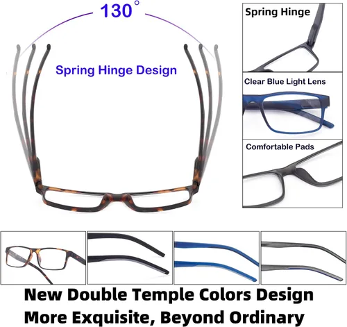 Vista 5 de Reading Glasses for Men Women, Spring Hinge Readers Glasses, Blue Light Blocking Lens Eyeglasses SR20523