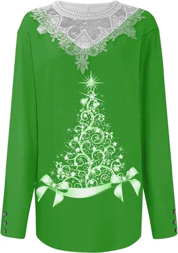 Vista 3 de Sudadera para mujer, color liso, cuello en V, con encaje, con botones, manga larga, túnica básica