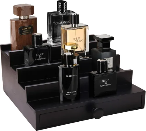Vista 3 de 4 Tier Men's Cologne Organizer, Black Wooden Display Stand with Drawer Negro-4 niveles