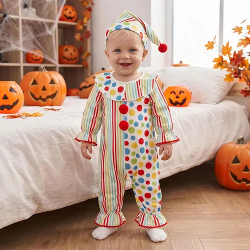 Vista 3 de Adobabirl Toddler Baby Halloween Clown Costume Long Sleeve Romper with Hat Blanco