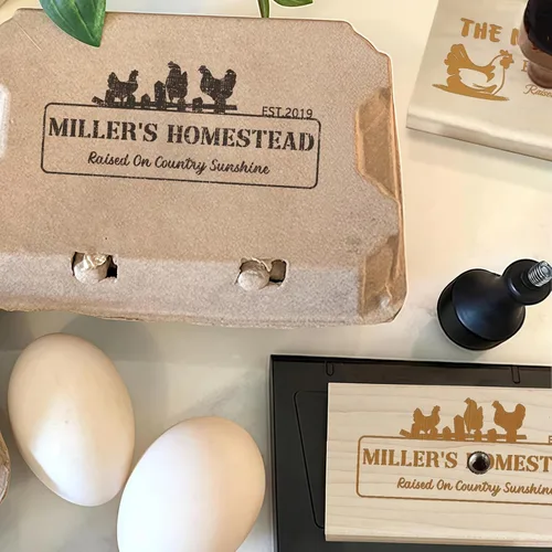 Vista 4 de UBJVA Sellos de cartón de huevos personalizados personalizados para huevos frescos de granja, sello de goma de madera para gallinero de granja