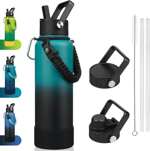 Vista 6 de BJPKPK - Botella de agua con tapa de popote, botellas de agua aisladas de 18 onzas con 3 tapas, asa de cuerda de paracaídas y base antideslizante