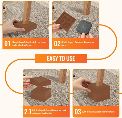 Vista 7 de shouwuhho Elevadores de muebles, paquete de 4 elevadores de cama con agarre antideslizante y soporte resistente, elevación de 1 pulgada, 2 pulgadas
