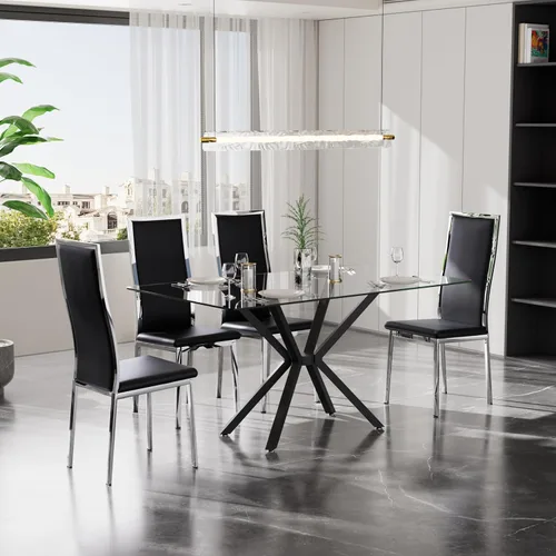 Vista 12 de Juego de 4 mesas de comedor de cristal negro, mesa de cocina minimalista moderna de 47 pulgadas con 4 sillas de comedor clásicas negras y plateadas