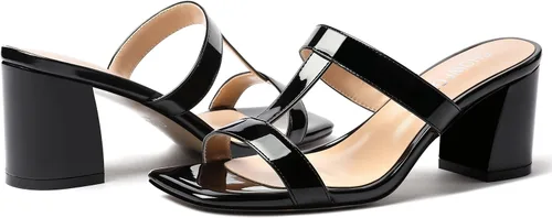 Vista 6 de SHOWFOREST Women's Square Toe Patent Slip On Casual Chunky Mid Heel Heeled Sandals 2.5 Inch