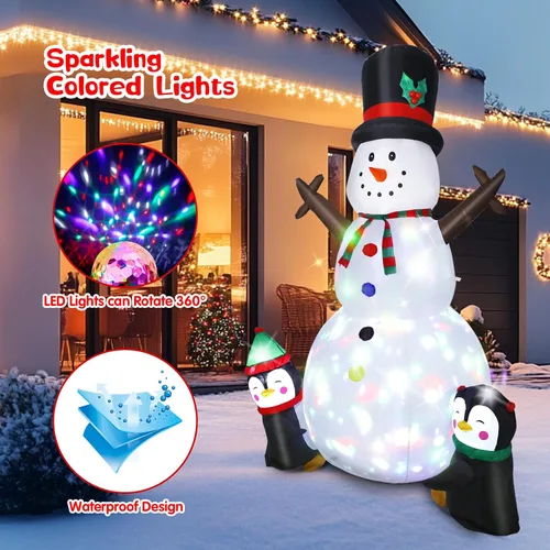 Vista 2 de Dawdix Muñeco de nieve inflable de Navidad de 8 pies, muñeco de nieve de Navidad para inflar con pingüinos, luces LED coloridas giratorias