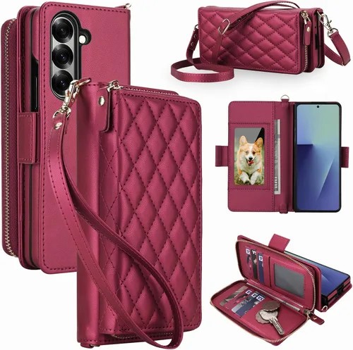 Vista 10 de Compatible con Samsung Galaxy Z Fold 3 5G 2021 - Funda tipo cartera con cremallera y bloqueo RFID, correa para tarjetero, ranuras para tarjetas Rojo