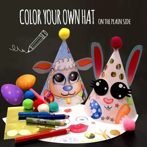 Vista 7 de Sombreros de fiesta de Glittery Garden para niños, arte y manualidades. Divertido kit de actividades de cumpleaños con pegatinas. Adorno de fiesta