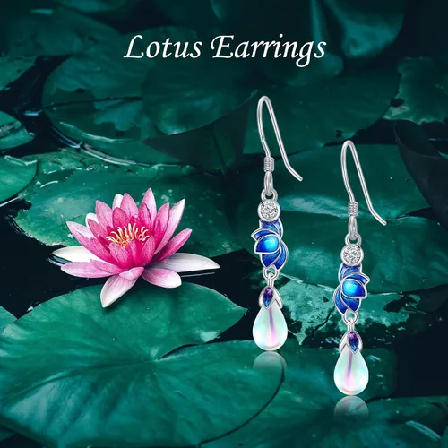 Vista 6 de Pendientes de loto de plata de ley 925 con piedra lunar de loto, aretes colgantes de gota de loto para mujer, regalos, Plata de ley