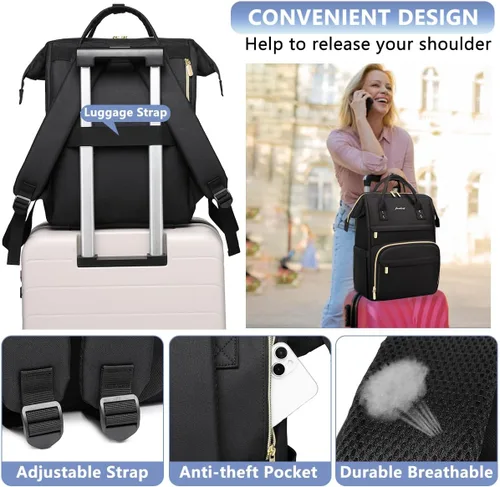 Vista 4 de FOCDOD - Mochila para laptop de mujer, para trabajo - Compatible con laptops de 15.6 pulgadas con compartimento para computadora, impermeable