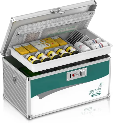 Vista 10 de Caja de seguridad para medicamentos con código, caja organizadora de medicamentos de aleación de aluminio de 2 capas con bandeja extraíble, caja