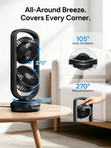 Vista 2 de DR.PREPARE Ventilador de Torre Pequeño Ventiladores de Mesa Oscilantes con inclinación de 270°, oscilación de 105°, 3 velocidades y 3 temporizadores