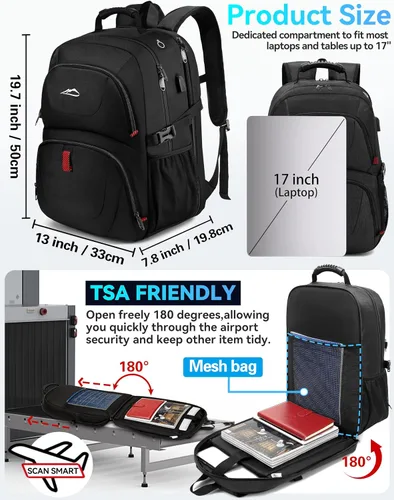 Vista 2 de ProEtrade Mochila de viaje extra grande para portátil, antirrobo, para escuela y negocios, con puerto de carga USB, para portátil de 17 pulgadas