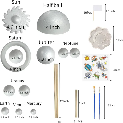 Vista 2 de Kit de modelo de sistema solar para manualidades, el kit de proyecto del sistema solar incluye bolas de espuma, bandeja de mezcla, cepillos, palos
