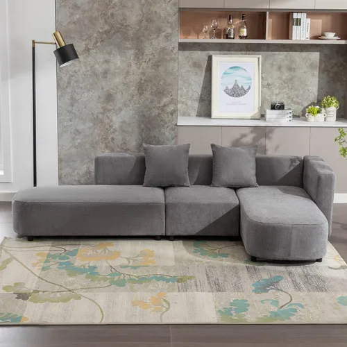 Vista 17 de Sofá tapizado de estilo moderno en forma de L con 2 almohadas, sofá de felpilla de lujo, ideal para sala de estar u oficina (beige #chenilla)